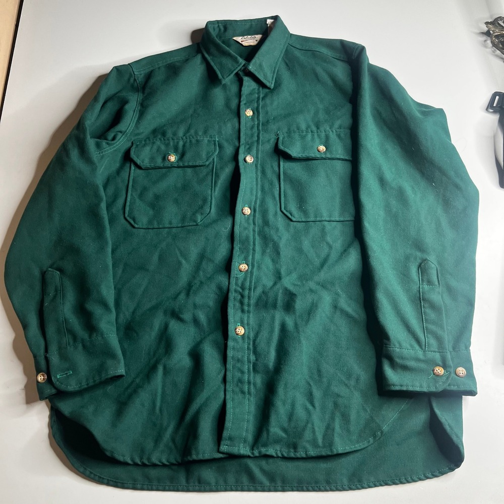 Vintage Cabelas Mens Green Dacron Polyester Flannel Shirt L Made in USA 825551